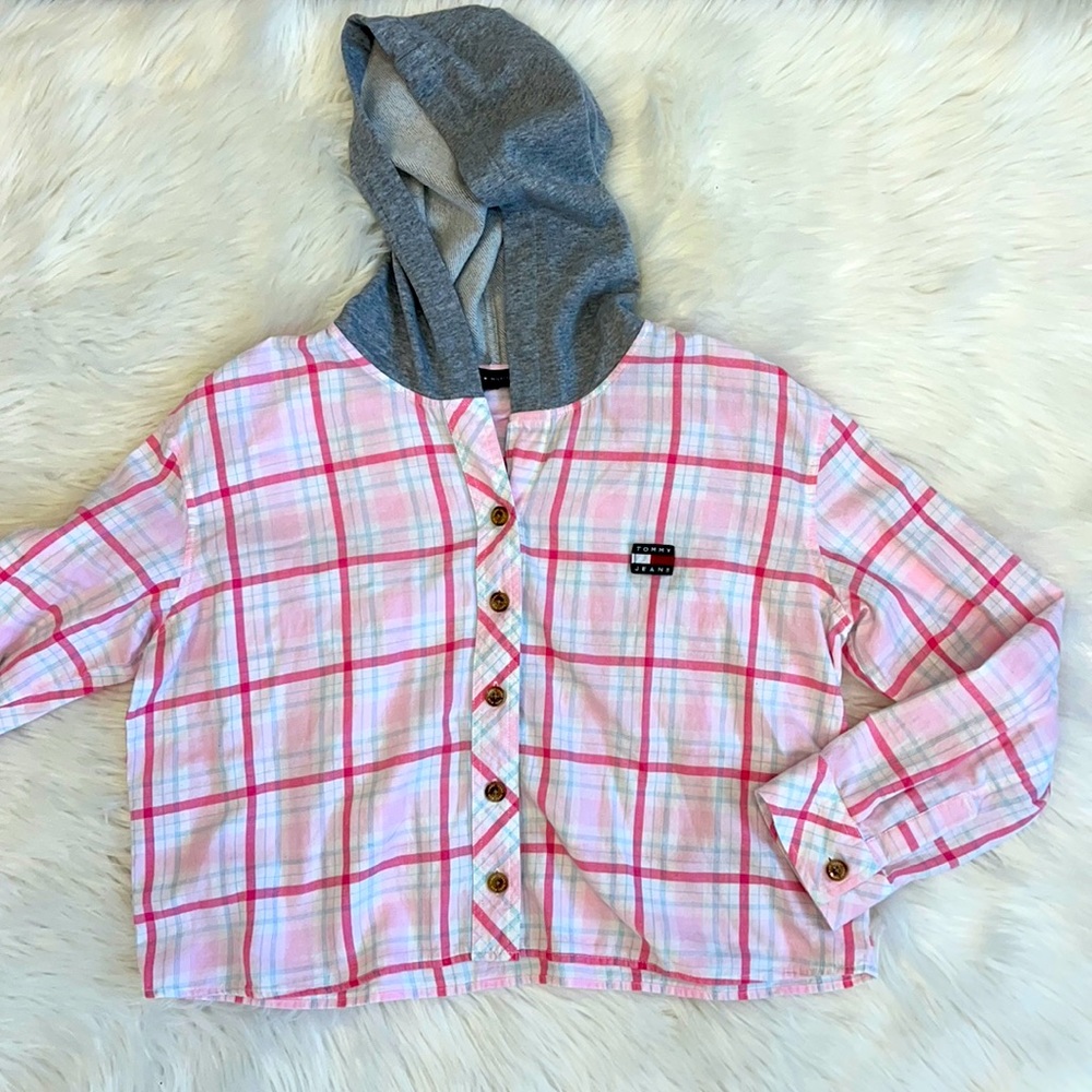 Tommy Hilfiger Y2K Cropped Plaid‎ Hooded Flannel